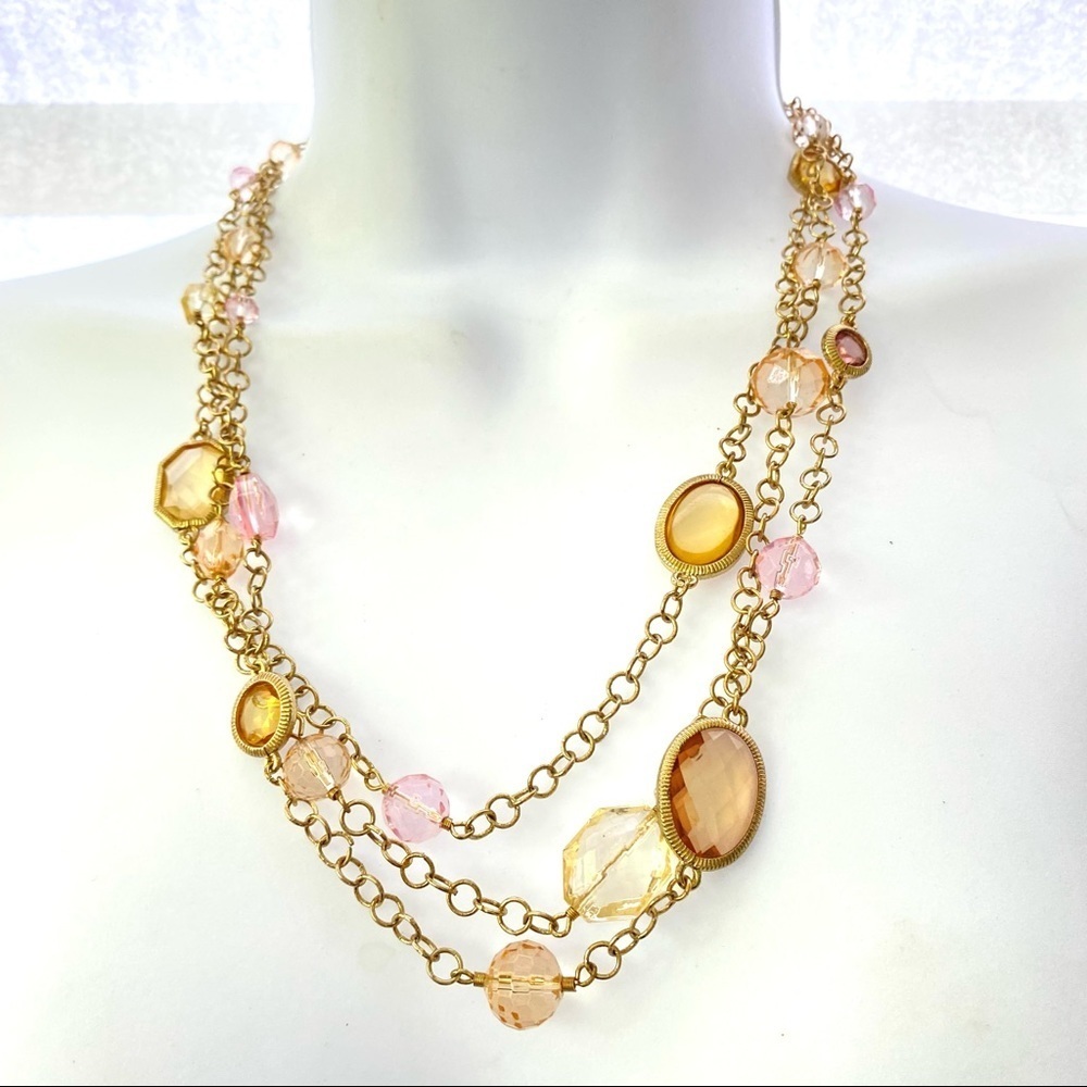 DANA KELLIN Goldtone Layered Pink Yellow and Clear Glass Bead Necklace